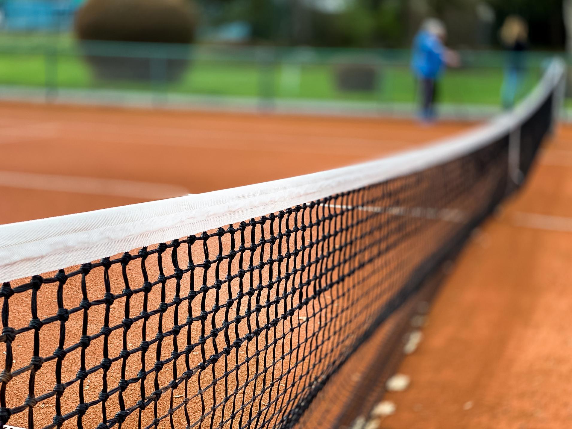 Nahaufnahme eines Tennisnetzes auf einem roten Sandplatz, Hintergrund unscharf mit grünen Bäumen.
